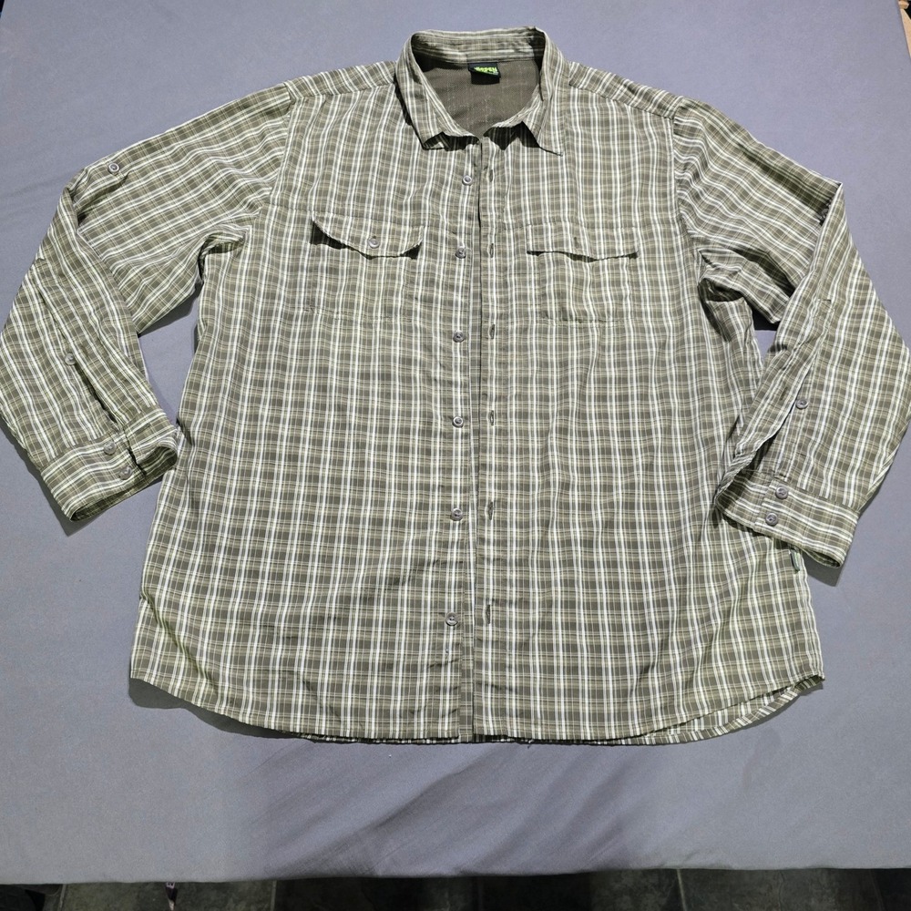 Köppen Button Down Shirt Men XL Olive Green Plaid No Fly Zone Hiking Long Sleeve
